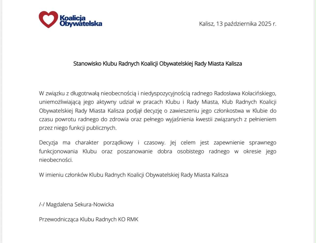 Radny KO Radosław Kołaciński nieobecny na sesjach i komisjach Rady Miasta Kalisza