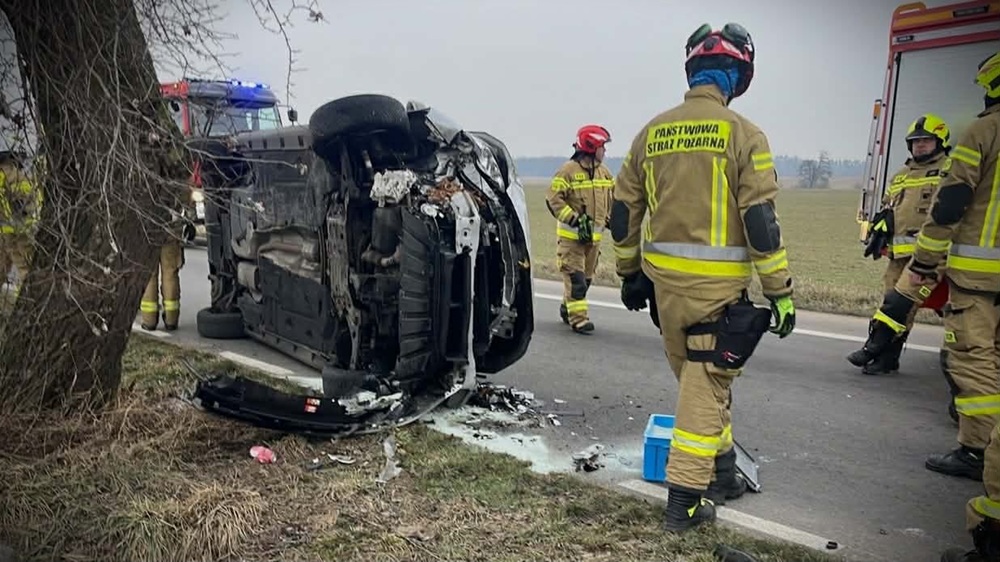 Dębe. Chciał uniknąć potrącenia sarny – uderzył w drzewo. Pojazd wylądował na boku